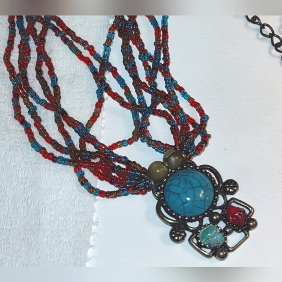 Multi-strand Turquoise & Red Beaded Necklace - Picture 3 of 7